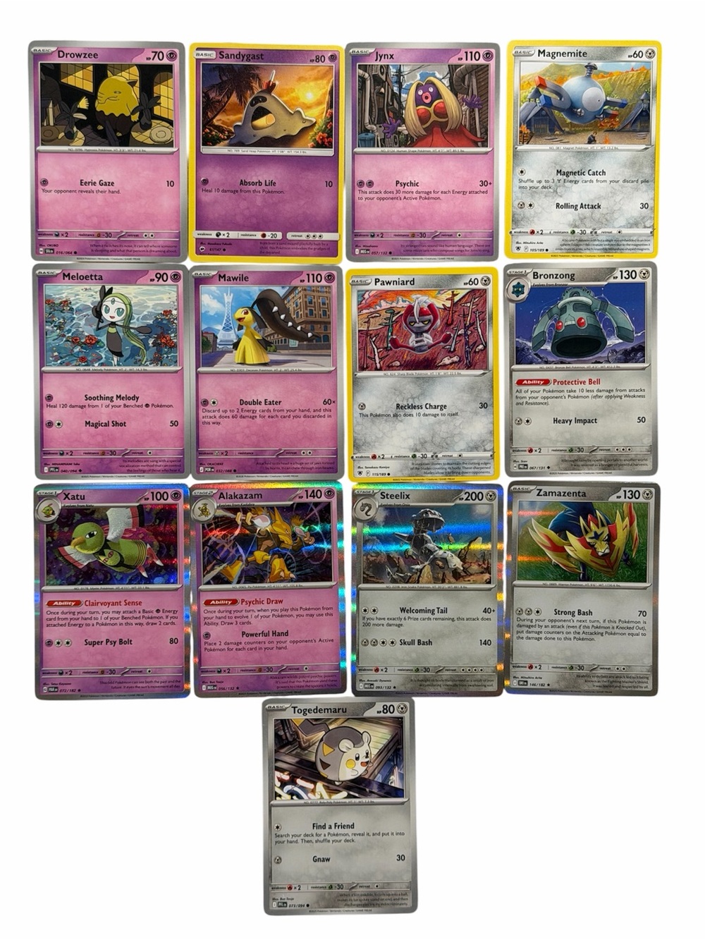 Lot of 13 mixed psychic and metal type Pokemon cards- Bundle and Save